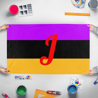 A mockup of the custom flag 'alpha sigma male grnder identity flag' held up on a table during print checking