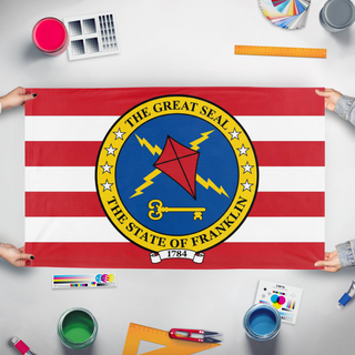 A mockup of the custom flag 'Franklin State flag' held up on a table during print checking