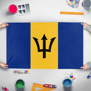 A mockup of the custom flag 'test 1 flag' held up on a table during print checking