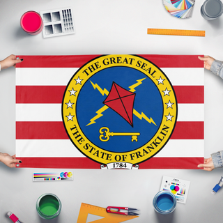 A mockup of the custom flag 'test flag' held up on a table during print checking