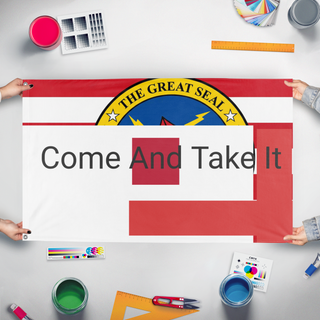 A mockup of the custom flag 'test1 flag' held up on a table during print checking