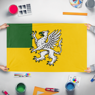 A mockup of the custom flag 'Personnal Flag' held up on a table during print checking
