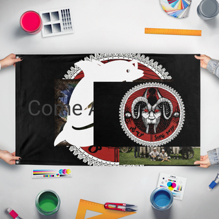 A mockup of the custom flag 'test1 flag' held up on a table during print checking