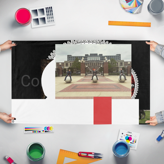 A mockup of the custom flag 'test4 flag' held up on a table during print checking