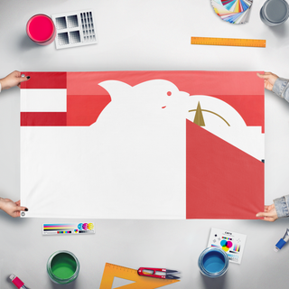 A mockup of the custom flag 'test4 flag' held up on a table during print checking