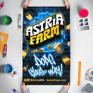 A mockup of the custom flag '[PREVEW] Astria Farm Banner flag' held up on a table during print checking