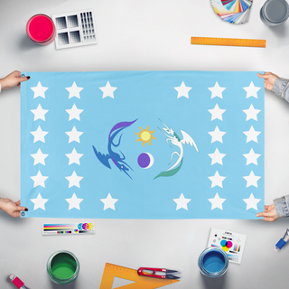 A mockup of the custom flag 'Kingdom of Equestria flag' held up on a table during print checking