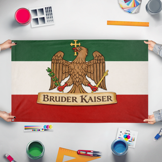 A mockup of the custom flag 'Bruder Kaiser  flag' held up on a table during print checking