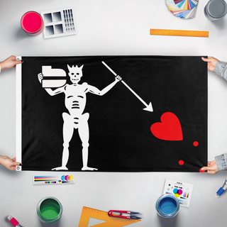 A mockup of the custom flag 'BlandBeard flag' held up on a table during print checking