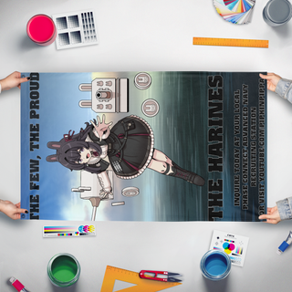 A mockup of the custom flag 'harns flag' held up on a table during print checking