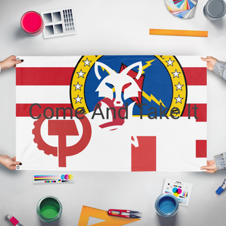 A mockup of the custom flag 'test2 flag' held up on a table during print checking