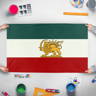 A mockup of the custom flag 'Iran - Lion and Sun flag' held up on a table during print checking