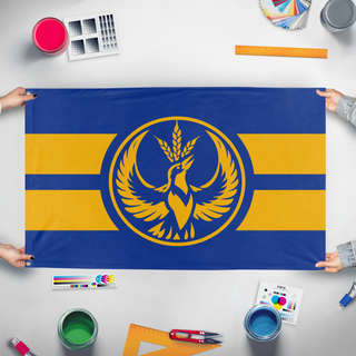 A mockup of the custom flag 'Kansas Rebel Alliance flag' held up on a table during print checking