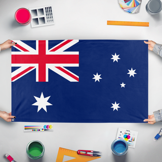 A mockup of the custom flag 'Australia  flag' held up on a table during print checking