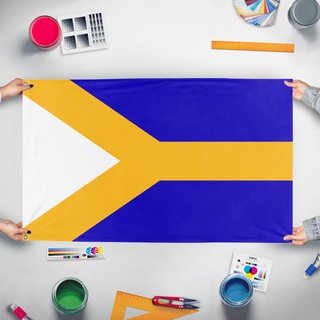 A mockup of the custom flag 'South Africa  flag' held up on a table during print checking