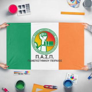 A mockup of the custom flag 'test flag' held up on a table during print checking