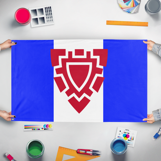 A mockup of the custom flag 'Northwest  flag' held up on a table during print checking