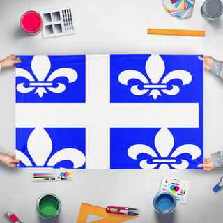 A mockup of the custom flag 'Quebec  flag' held up on a table during print checking
