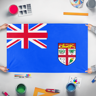 A mockup of the custom flag 'Alberta flag' held up on a table during print checking