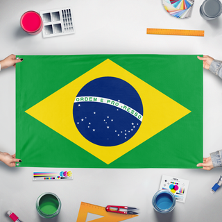 A mockup of the custom flag 'Brazil flag' held up on a table during print checking
