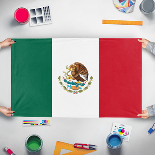 A mockup of the custom flag 'Mexaco  flag' held up on a table during print checking