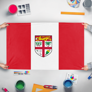A mockup of the custom flag 'Peru flag' held up on a table during print checking