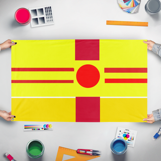A mockup of the custom flag 'New Mexico  flag' held up on a table during print checking