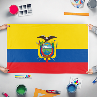 A mockup of the custom flag 'Ecuador  flag' held up on a table during print checking