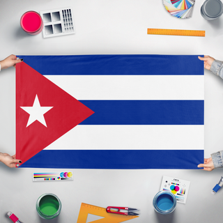 A mockup of the custom flag 'Cuba flag' held up on a table during print checking