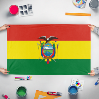 A mockup of the custom flag 'Bolivia flag' held up on a table during print checking