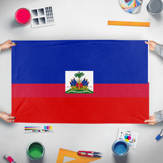 A mockup of the custom flag 'Hati  flag' held up on a table during print checking