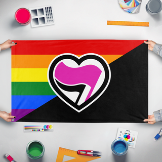 A mockup of the custom flag 'Antifa Pride flag' held up on a table during print checking