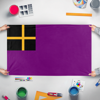 A mockup of the custom flag 'Jasonia flag' held up on a table during print checking