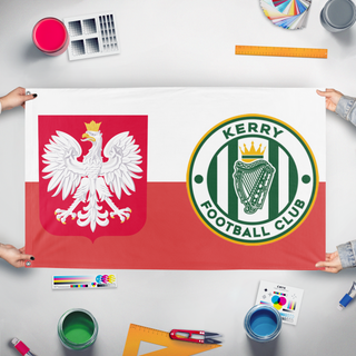 A mockup of the custom flag 'Polish Kerry FC Fans Flag' held up on a table during print checking