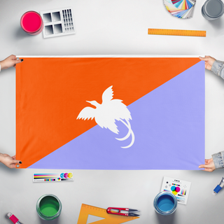 A mockup of the custom flag 'Tera do flugo flag' held up on a table during print checking