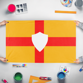 A mockup of the custom flag 'Ulster flag' held up on a table during print checking