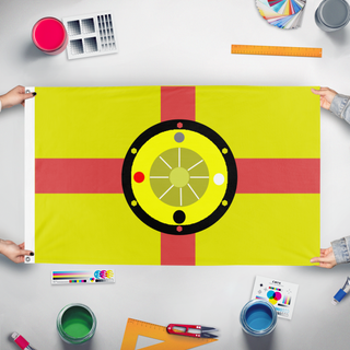 A mockup of the custom flag 'Melthas flag' held up on a table during print checking