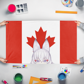 A mockup of the custom flag '10ma flag' held up on a table during print checking