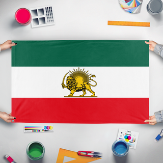 A mockup of the custom flag 'Royal Iran Lion & Sun Flag' held up on a table during print checking