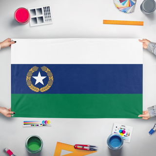 A mockup of the custom flag 'Laitian Republic flag' held up on a table during print checking