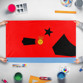 A mockup of the custom flag 'booj flag' held up on a table during print checking