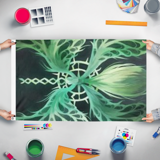 A mockup of the custom flag 'Butterfly flag' held up on a table during print checking