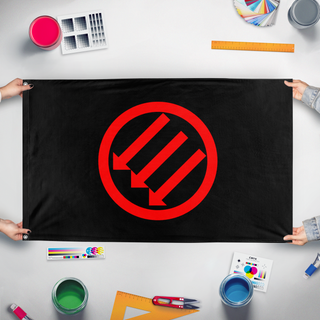 A mockup of the custom flag 'Iron Front Red on Black flag' held up on a table during print checking