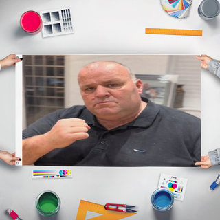 A mockup of the custom flag 'Bosh flag' held up on a table during print checking