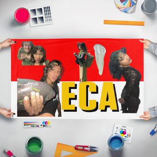 A mockup of the custom flag 'Ecaworld flag' held up on a table during print checking