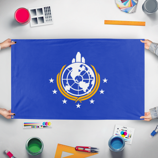 A mockup of the custom flag 'Super Earth flag' held up on a table during print checking