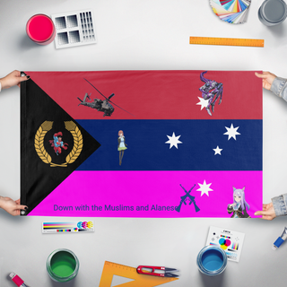A mockup of the custom flag 'The Wonderous flag' held up on a table during print checking