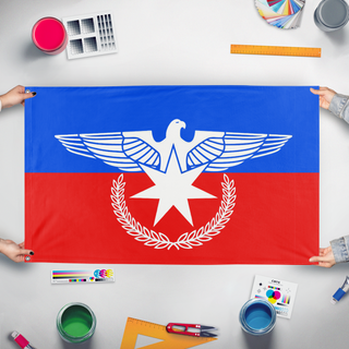 A mockup of the custom flag 'Arakan Army Flag' held up on a table during print checking