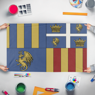 A mockup of the custom flag 'house of vermax flag' held up on a table during print checking