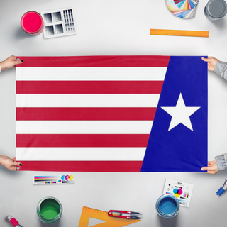 A mockup of the custom flag 'NFFA flag' held up on a table during print checking